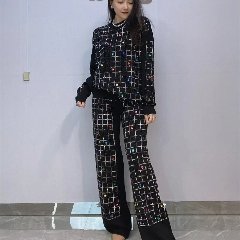 

Retro European-style Set of Women's Rhinestone Knitted Sweater Long-sleeved Top Plus-size Outfit Two-piece Straight-leg Pants