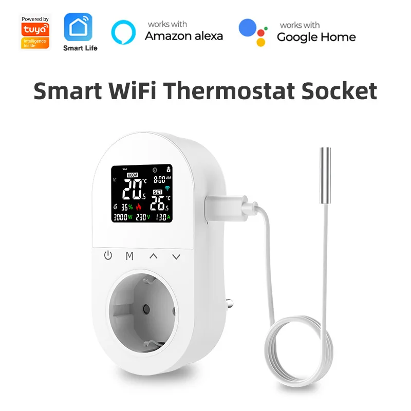 

Tuya WIFI Digital Thermostat Socket 16A Outlet Plug Remote Temperature Controller Timer Switch Cooling Heating 3M NTC Sensor
