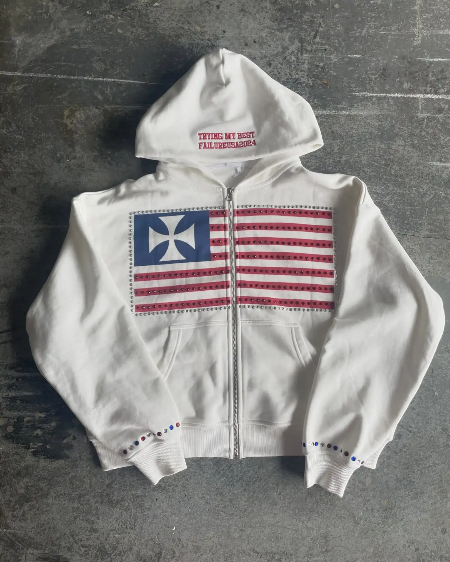 America Fashion Streetwear Gothic National Flag Rhinestone Embroidery Zipper Hoodie Y2k Couple Oversized Loose Cotton Sweatshirt