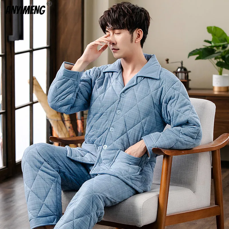 Winter Men Pajama Sets Thick Warm Three Layer Cotton Pijamas Plus Size L-3XL Homewear Three Layer Cotton Male Loungewear