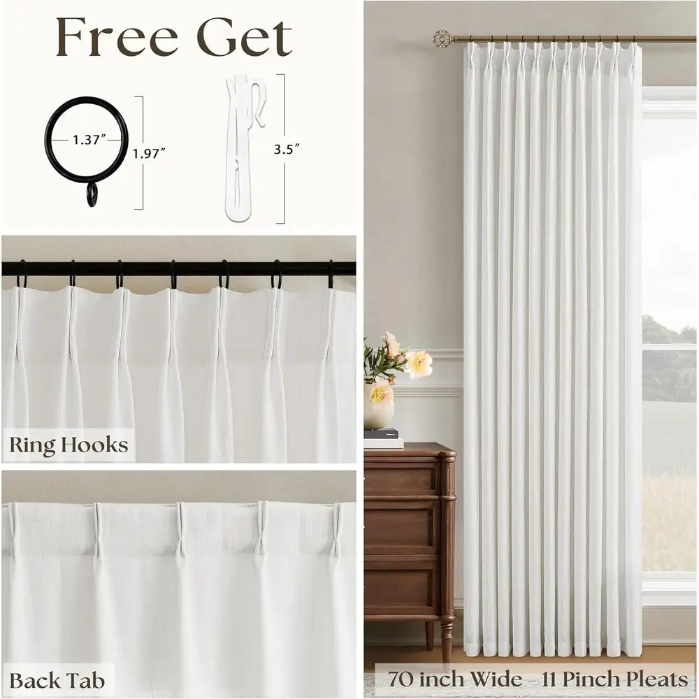 Extra Wide Ivory Linen Pinch Pleat Curtains, 84 Length, 70 Wide for Living Room, Sliding Door, with Memory Pleat Hooks, 1 Panel