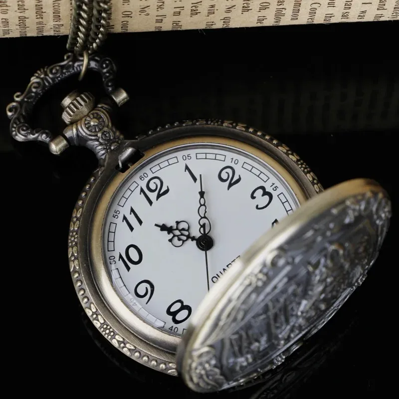 청동 석영 주머니 시계 숲 늑대 양각 아랍어 디지털 목걸이 펜던트 시계 Fob 체인 여자 남자를위한 선물