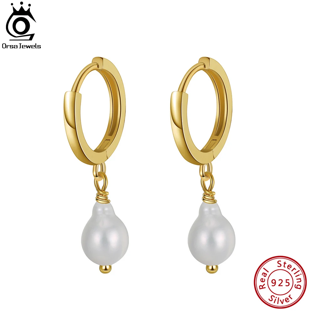 

ORSA JEWELS 9mm Natural Baroque Pearl Drop Earrings in 18K Gold Over Sterling Silver Fashion Dangle Earrings for Women GPE15