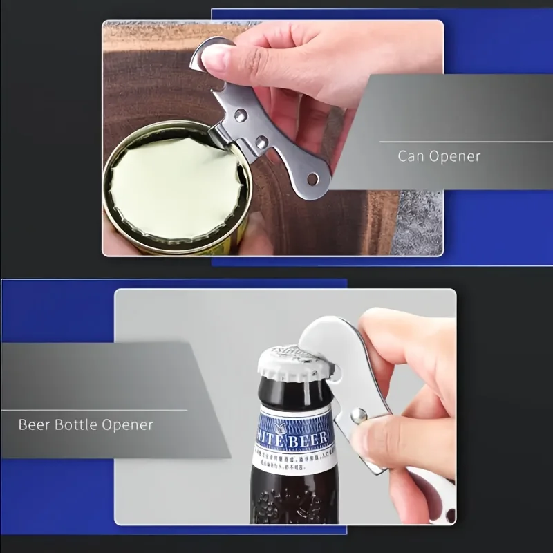 Stainless Steel Manual Can Opener and Bottle Cap Opener with Ergonomic Handle - Multifunctional Kitchen Tool for Cans and Beer Bottles, White & Blue, Home Essential, Compact Design, Durable Construction, for Home Cooking