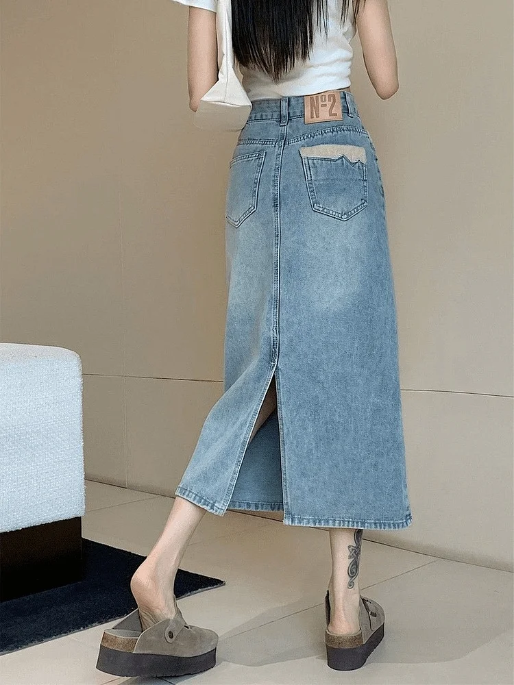 

Новая женская джинсовая юбка миди с высокой талией, летняя, больших размеров, облегающая, с карманами, А-силуэт