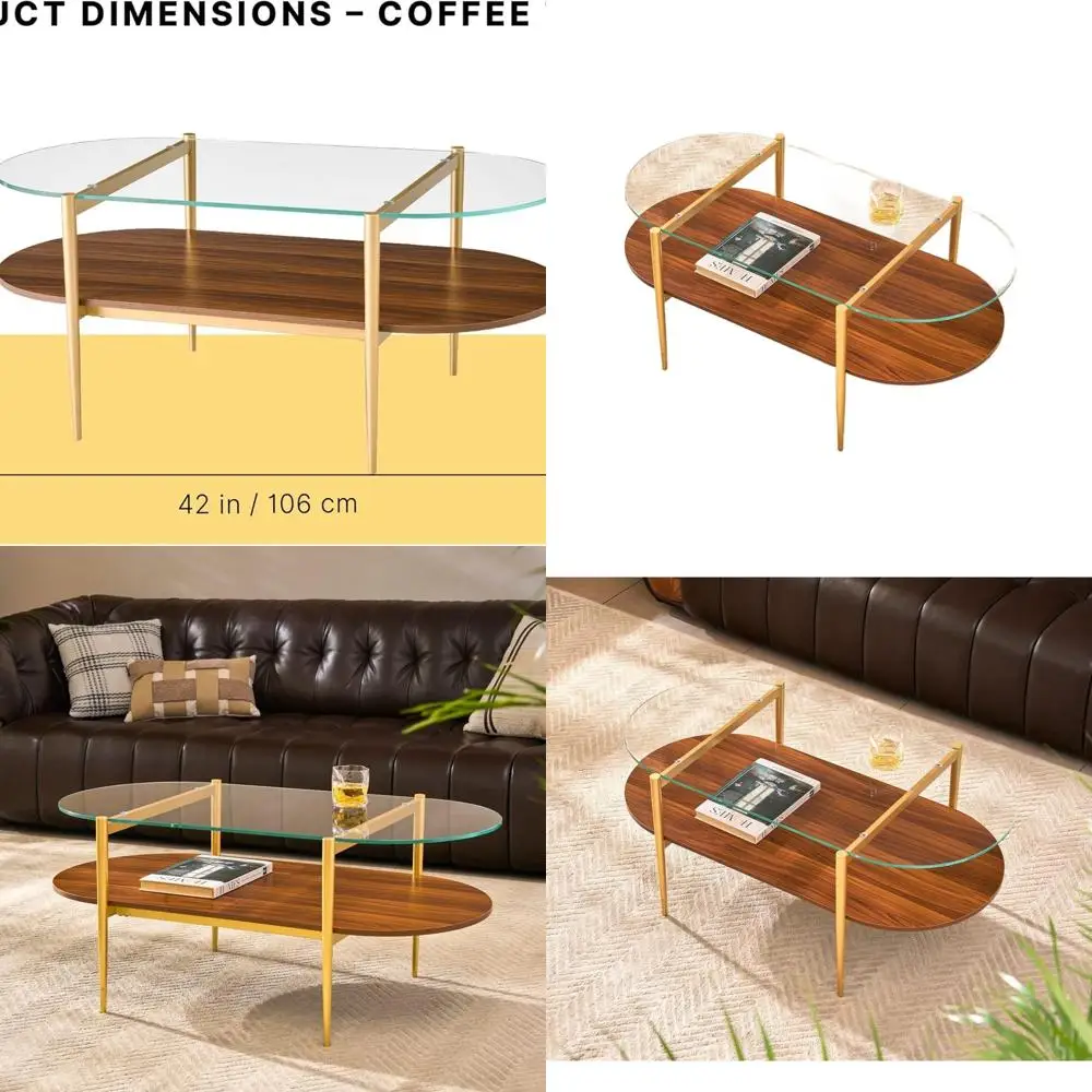 

Mid-Century Walnut Coffee Table with Glass Top and Gold Legs, 42 for Living Room