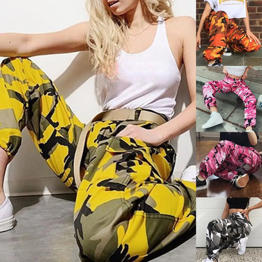 

Trousers Pants Casual Elastic Women Spring Cargo Camouflage Print Sport Cargo with Pocket Ankle-Tied Vintage