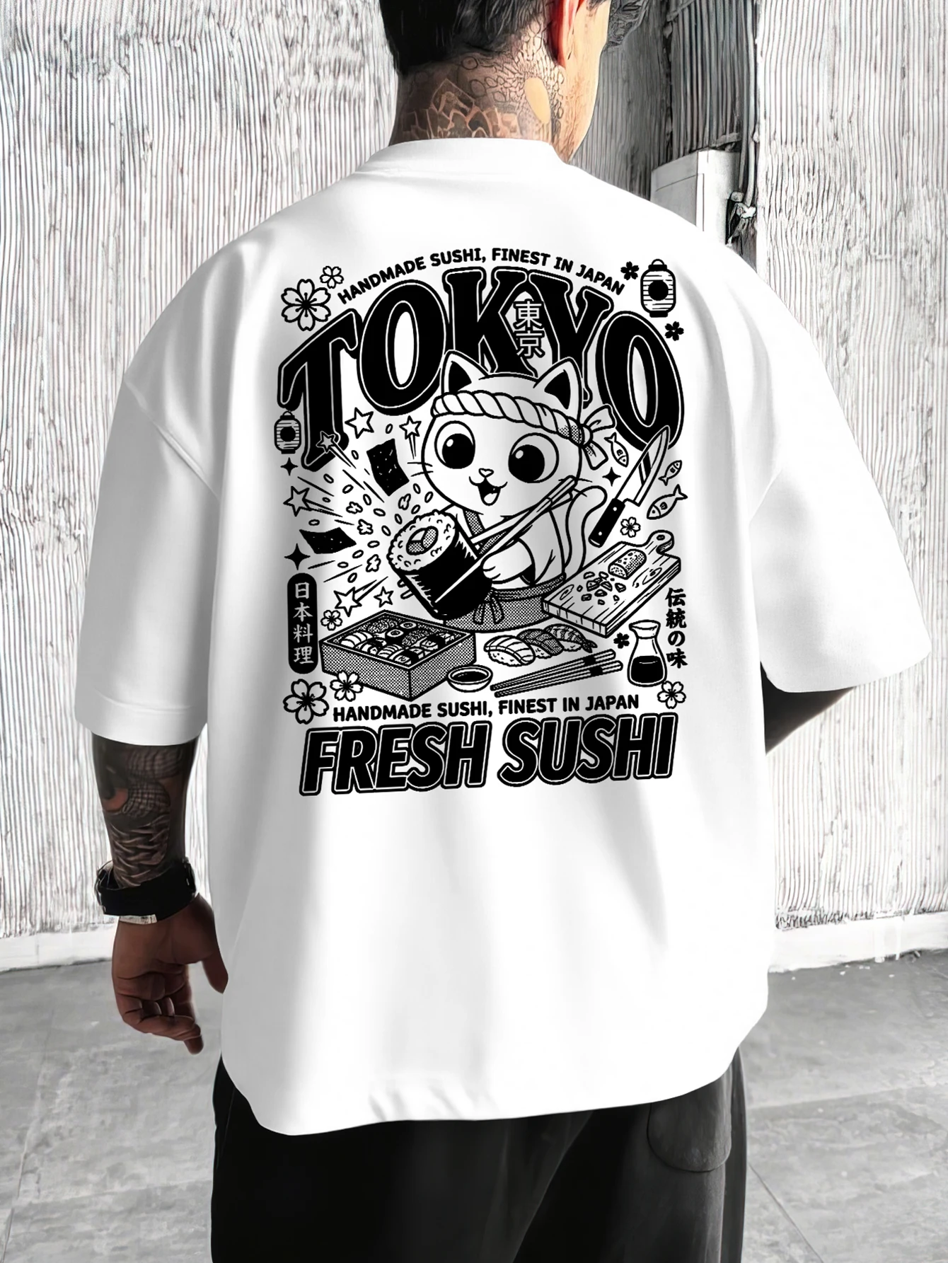Brand Streetwear Tokyo - เสื้อยืดโอเวอร์ไซส์สไตล์ญี่ปุ่นสำหรับผู้ชาย แบรนด์ Tokyo Sushi Chef Cat