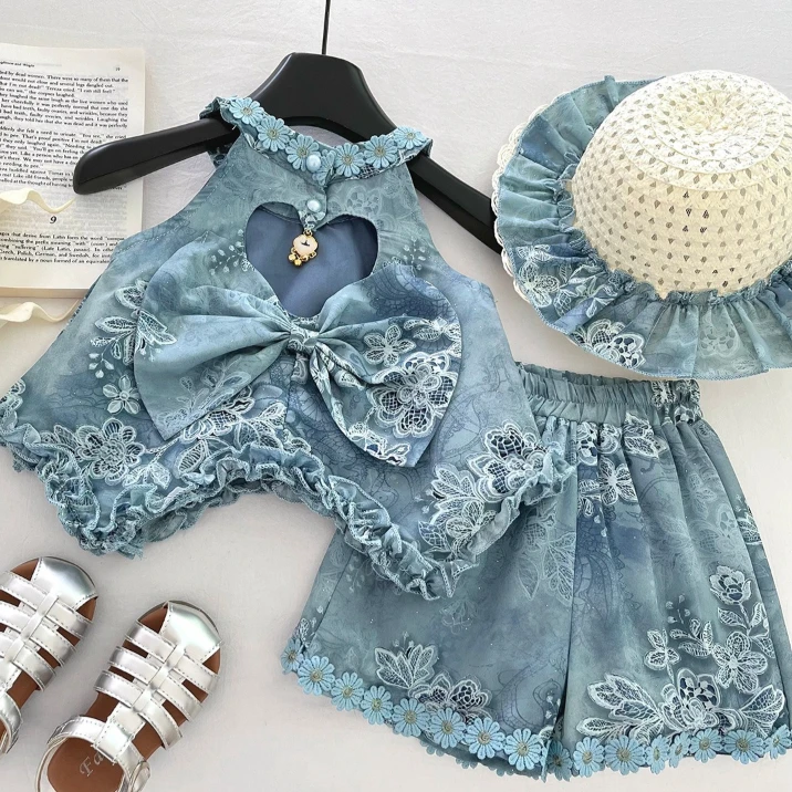 

Girls Suit 2026 Spring and Summer New Childrens Wear Girls Baby Fashion Flying Sleeve Lace Print Temperament Two-piece Set