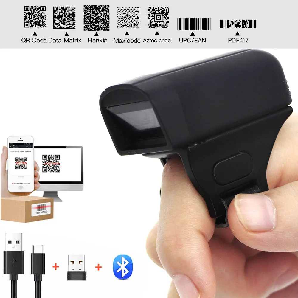 Носимый сканер RUGLINE 2D SPP HID 1D лазерный Bluetooth 2D беспроводной кольцевой 2,4G BT QR PDF417 EAN13 матричный считыватель штрих-кодов