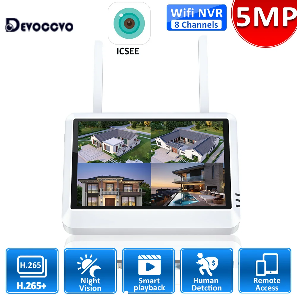 H.265 ICSEE 8CH 5MP WIFI NVR Security System Face Detecion 7 Inch Screen Wireless CCTV Network Video Surveillance Recorder 4CH