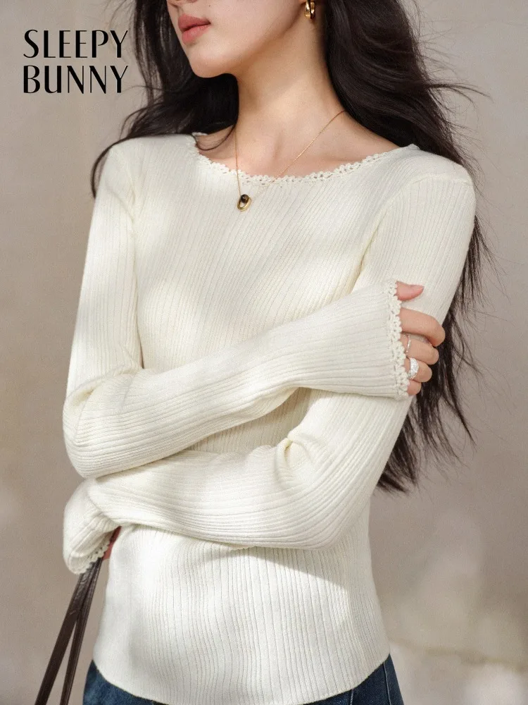 

Delicate Ribbed Knit Top for Women Lady Elegant Slim Fit Long Sleeve Sweater French Style Casual Spring Base Layer Shirt Daily