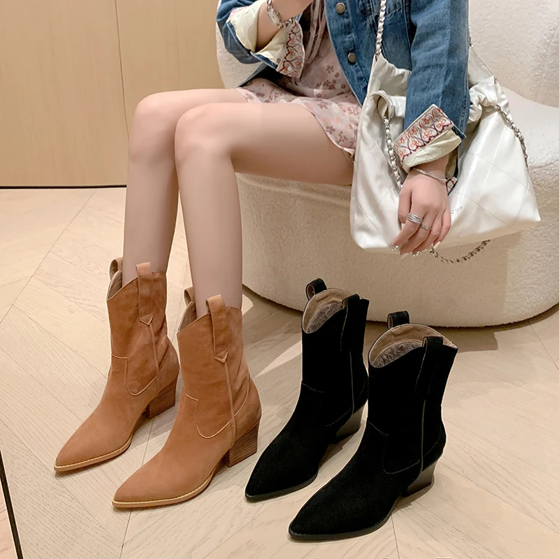 Leather Custom Cashmere Western Cowboy Boots Retro Pointed Square Heel Heightened Knight Boots Velvet Women's Medium Boots