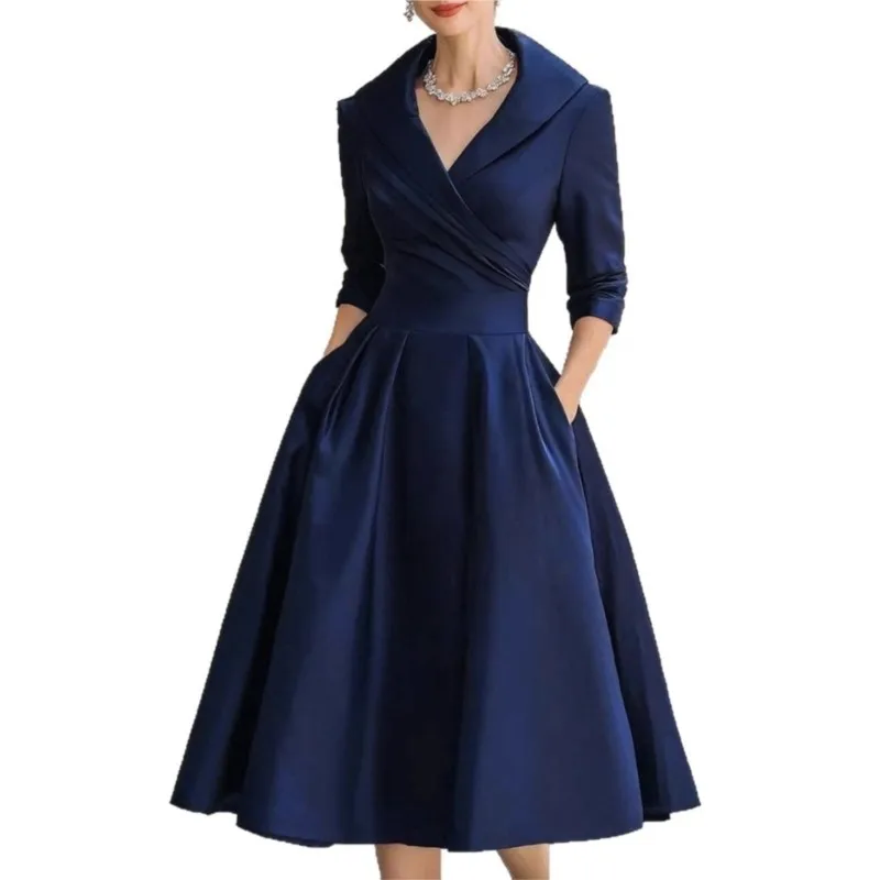 Robe d'invité de mariage élégante pour femmes, col rabattu, taille mi-longue, ligne a, robe de soirée, Cocktail, robes mi-longues en Satin