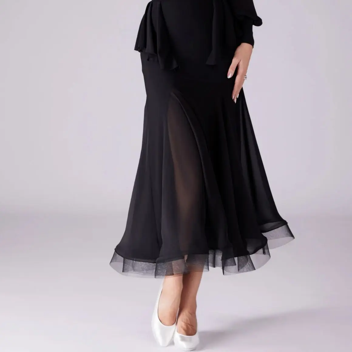 Adults Modern Dancing Clothes Waltz Ballroom Dance Dress Black Fishbone Mesh Skirts Performance Costumes Practice Wear DN22332