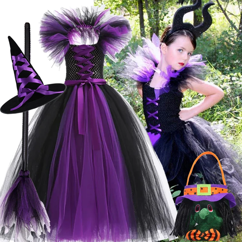 Girls Cosplay Evil Queen Costume Kids Halloween Witch Dress Handmade Knitted Tulle Tutu Ruffles Floor Length Princess Hat Outfit