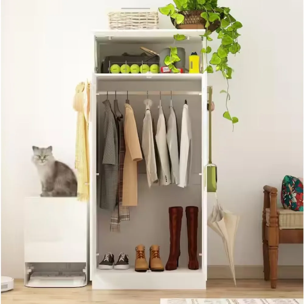 White Wood 31.5 in. W Bedroom Wardrobe Two-floor Space Armoire Closet Cabinet with Hooks, Hanging Rod, Storage Shelf