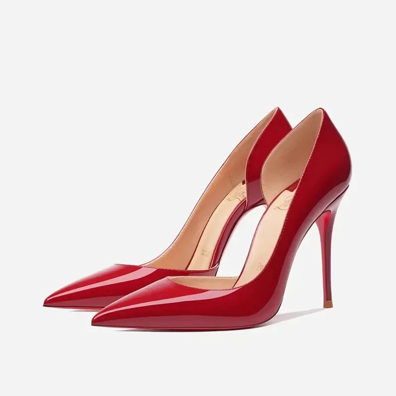 

Women Red Bright Pumps Super Sexy Side Open High Heel Dress Shoes Pointed Toe Red Bottom Stilettos Spring Autumn Party