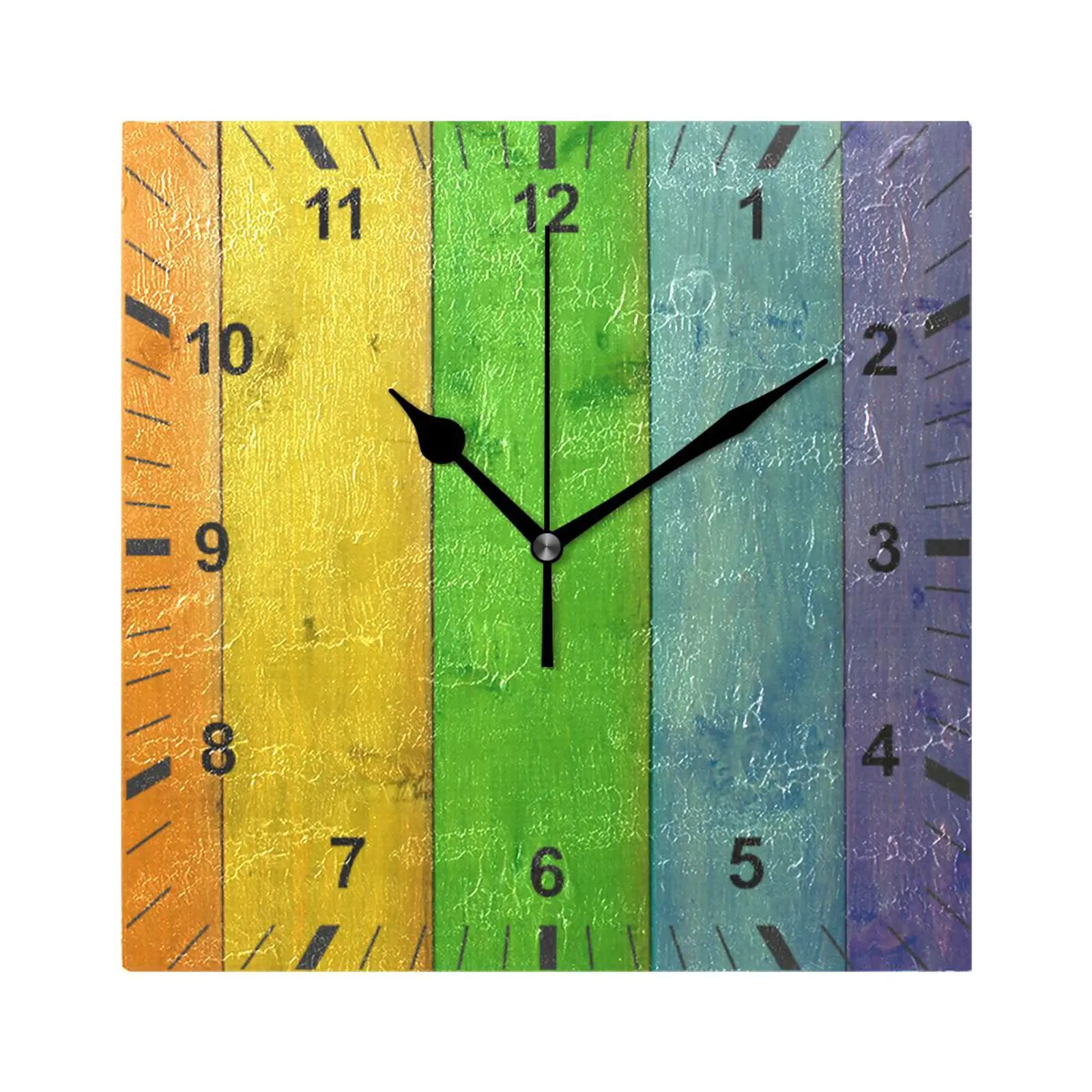 Vintage Colorful Wooden Print Square Wall Clock Silent Non-Ticking Hanging Watch Home Decor Battery Operated Quiet Desk Clock