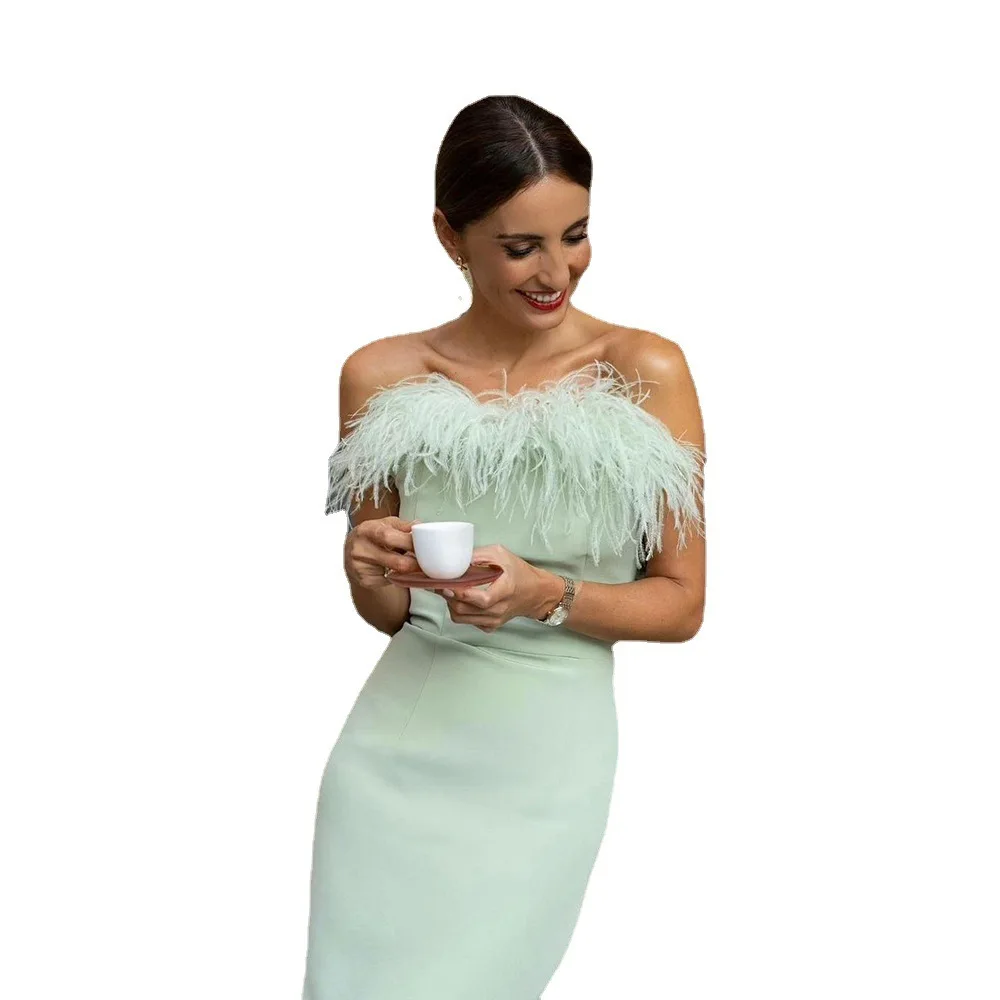 

2025 Spring/Summer New Women's One Shoulder Evening Feather Celebrity Banquet Style Long Dress
