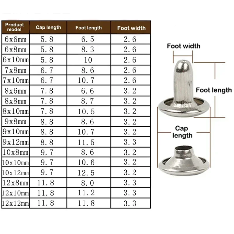 50Pcs 5-15mm Metal Double Cap Rivets Stud Round Nail Rivet For Leathercraft Accessories Repair Shoes Bag Belt Clothing Garment