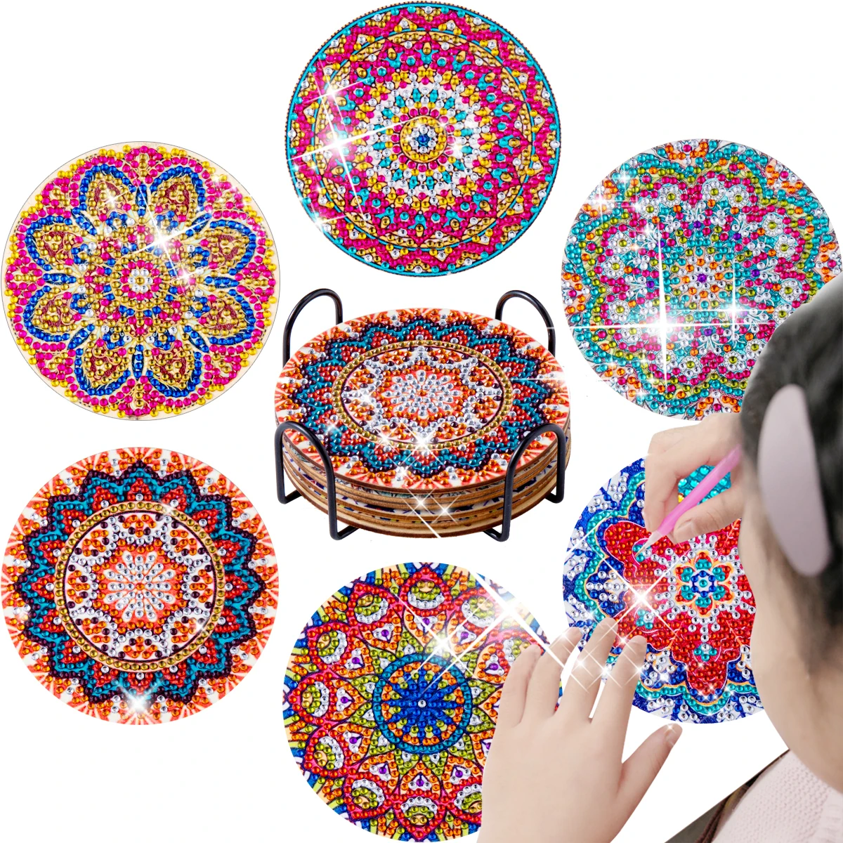 GATYZTORY 6Pcs/sets Diamond Painting Coasters with Holder  DIY Diamond Art Coasters for Beginners Kids Mandala Flowers Mosaic