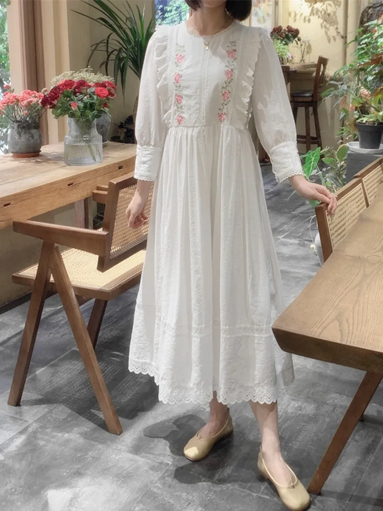 AIGYPTOS Spring Summer White Dress For Women Vintage Elegant Slim Lace Embroidery Long Dress Korean Fashion Holiday Dress Robe