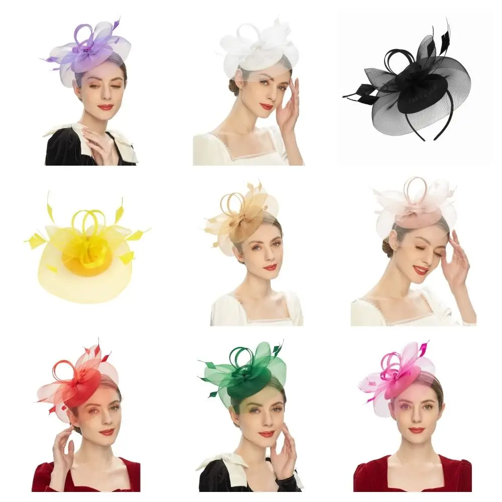 Fashion Feathers Mesh Fascinator Hat Elegant Exquisite Bride Headband Hair Hoop Sweet Headdress Cocktail Party
