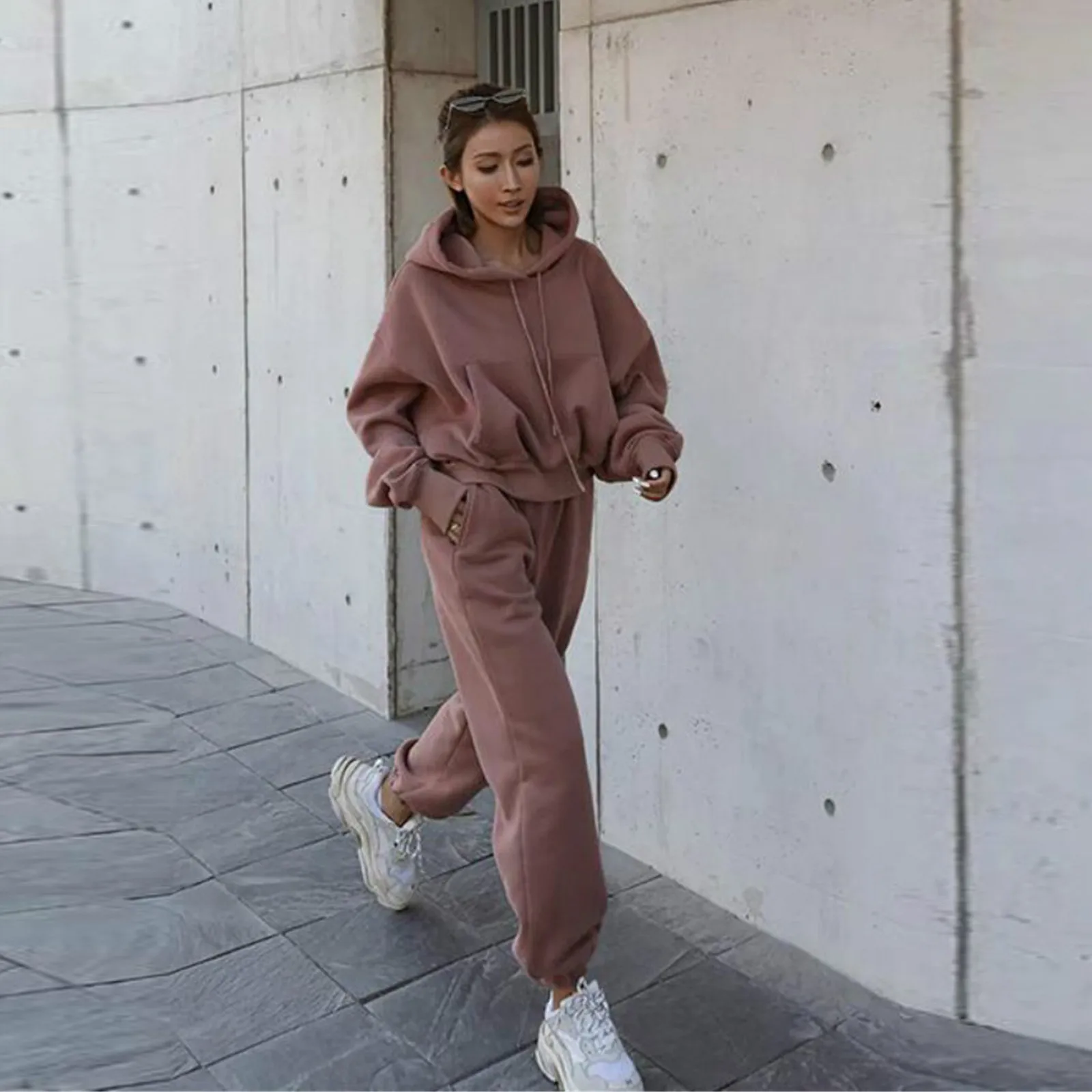 2 Piece Women\'s Outfits Workout Sets Solid Color Long Sleeved Hoodie Tracksuit For Women Cotton Jogger Pant Matching Set