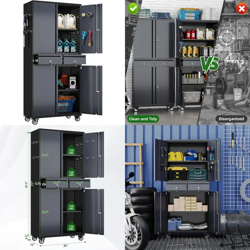 

Metal Garage Storage Cabinet with Wheels, Doors, and Pegboard, 71 Tall, 2 Drawers for Home and Warehouse Organization