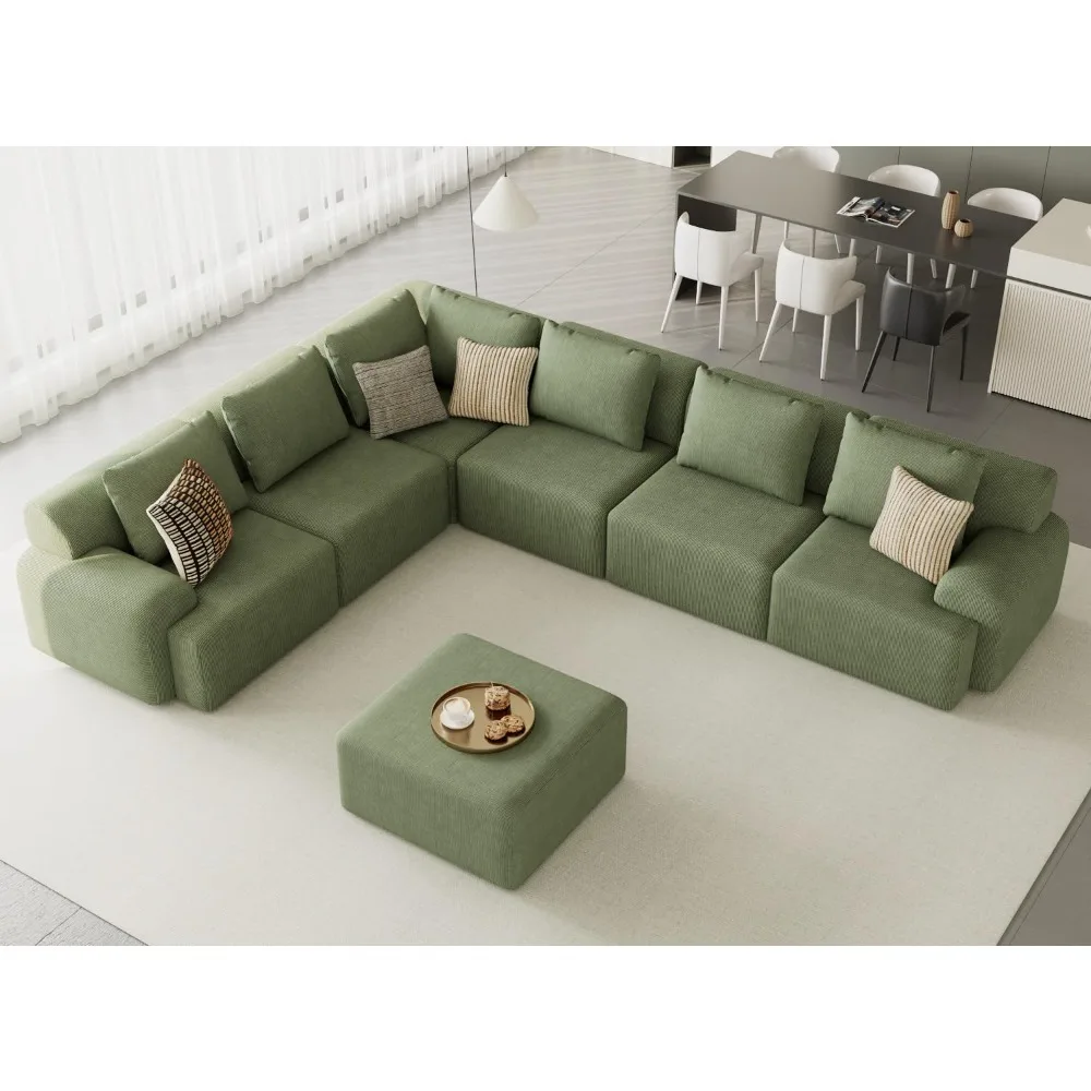 أرائك كبيرة الحجم بدون عظم لغرفة المعيشة، أريكة خضراء على شكل حرف V مكونة من 7 مقاعد، أريكة مقطعية من القطيفة على شكل سروال قصير