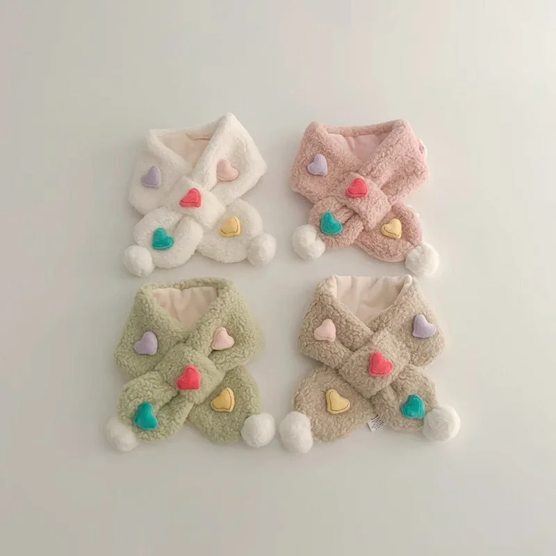 Cute Love Heart Children Baby Girl Scarf Winter Warm Soft Plush Fleece Cross Collar Neck Ring Muffler 2-6Y Kids Bebe Scarves