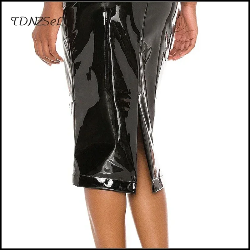 Shiny Latex Leather Skirts Women Cute Midi Skirts High Waist Slim Office Lady Stretch Skinny PU Pencil Skirt Hems Split Custom