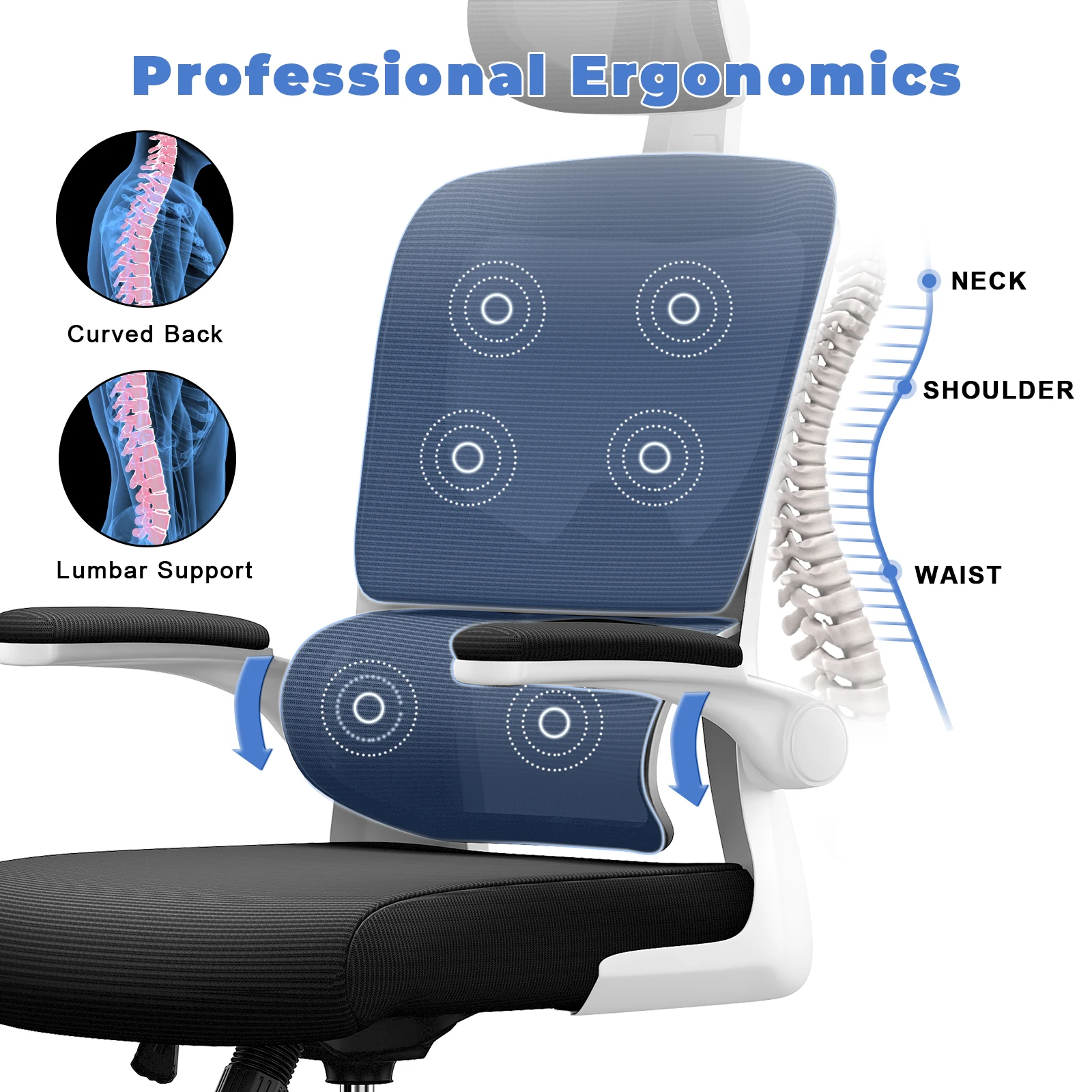 Ergonomischer Bürostuhl mit Lordosenstütze, Chefsessel mit hoher Rückenlehne, drehbarer Schreibtischstuhl, Computer-Arbeitsstuhl, Mesh-Gaming-Stuhl