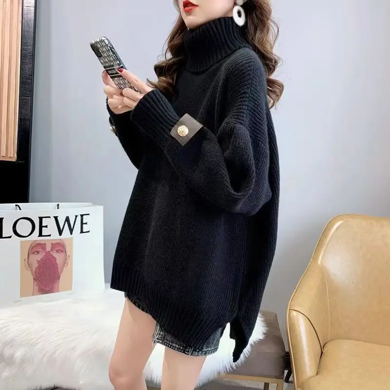 Vintage Turtleneck Knitted Sweaters Female Clothing Stylish Button Patchwork Loose 2023 Autumn Winter Casual Long Sleeve Jumpers