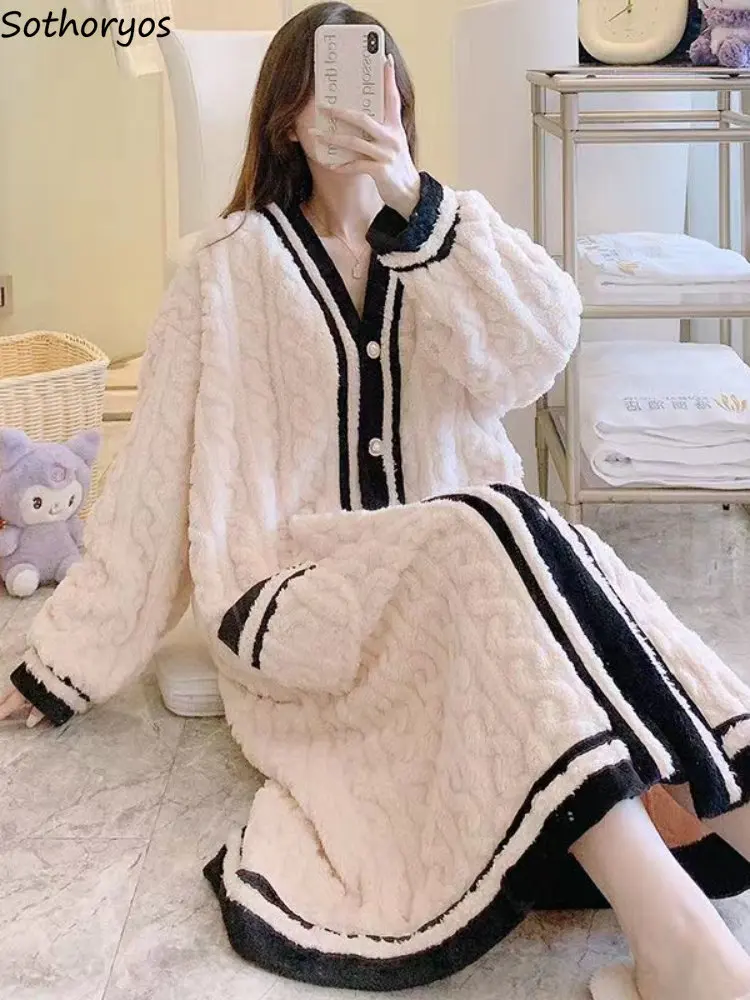 

Cozy Thicken Nightgowns Women Pockets Design Lovely Style Preppy Korean Warm Sleepwear Winter Mid-calf Casual Sweet Feminine Ins