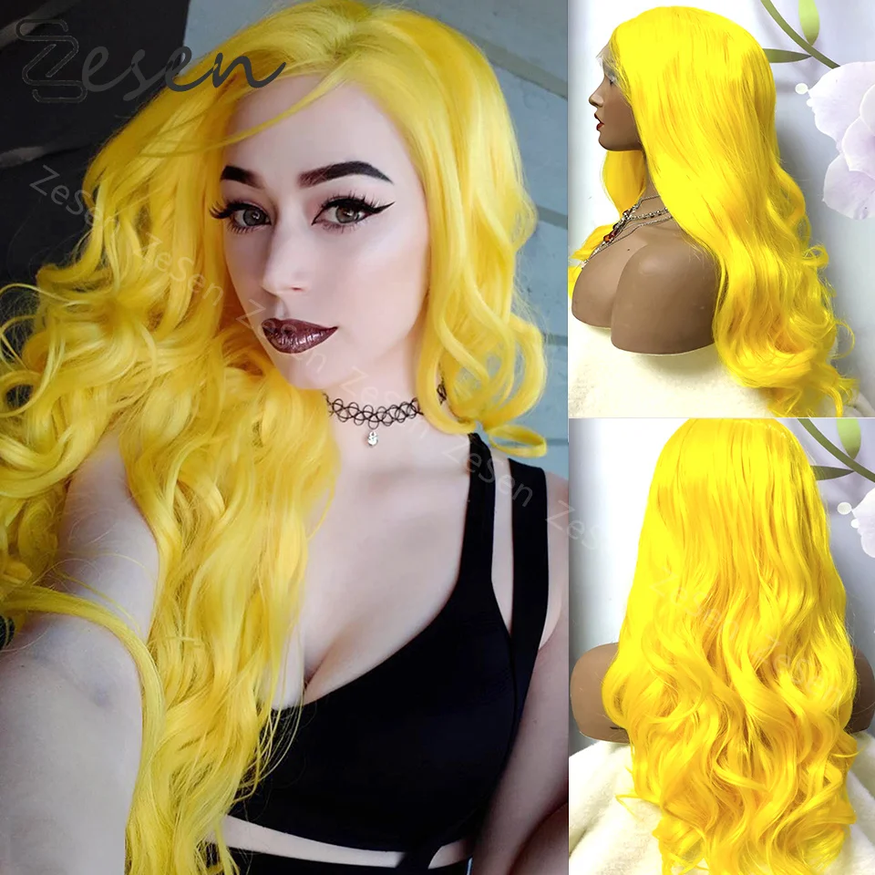 

Light Yellow Glueless Lace Wig For Women Synthetic Body Wave Lace Front Wig Baby Hair High Temperature Fiber Hair Cosplay