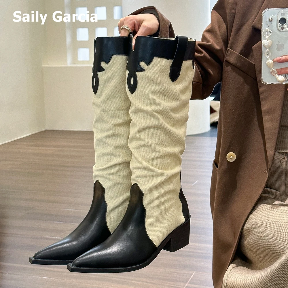 

Retro Mix Color Pointed Toe Square Heels Boots Autumn/Winter New Design Microfiber Women Shoes Knee High Slip-On Cowboy Boots