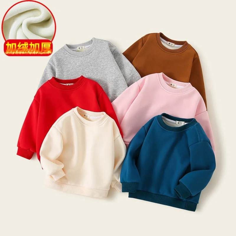 

Детский зимний плюшевый толстый теплый свитшот от 1 до 8 лет, однотонная куртка с круглым вырезом, пальто с длинными рукавами, модная спортивная повседневная одежда