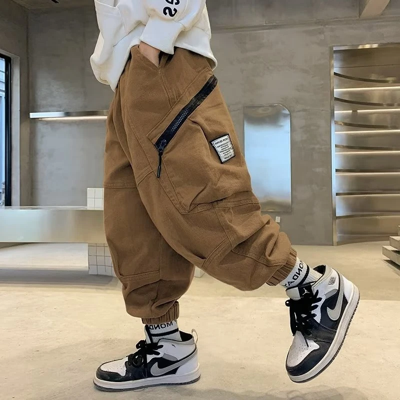 Boys Spring Autumn Children\'s Clothing Cargo Pants Children\'s Casual Large Size Sweatpants Boys Fashion Fake Zippers Cargo Pants