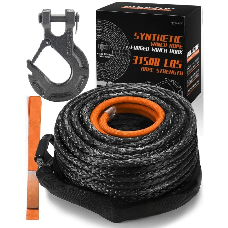 

Synthetic Winch Rope Kit, 1/2in x 92ft, 31500Lbs Winch Cable Replace Kit + Forged Winch Hook & Safety Pull Strap