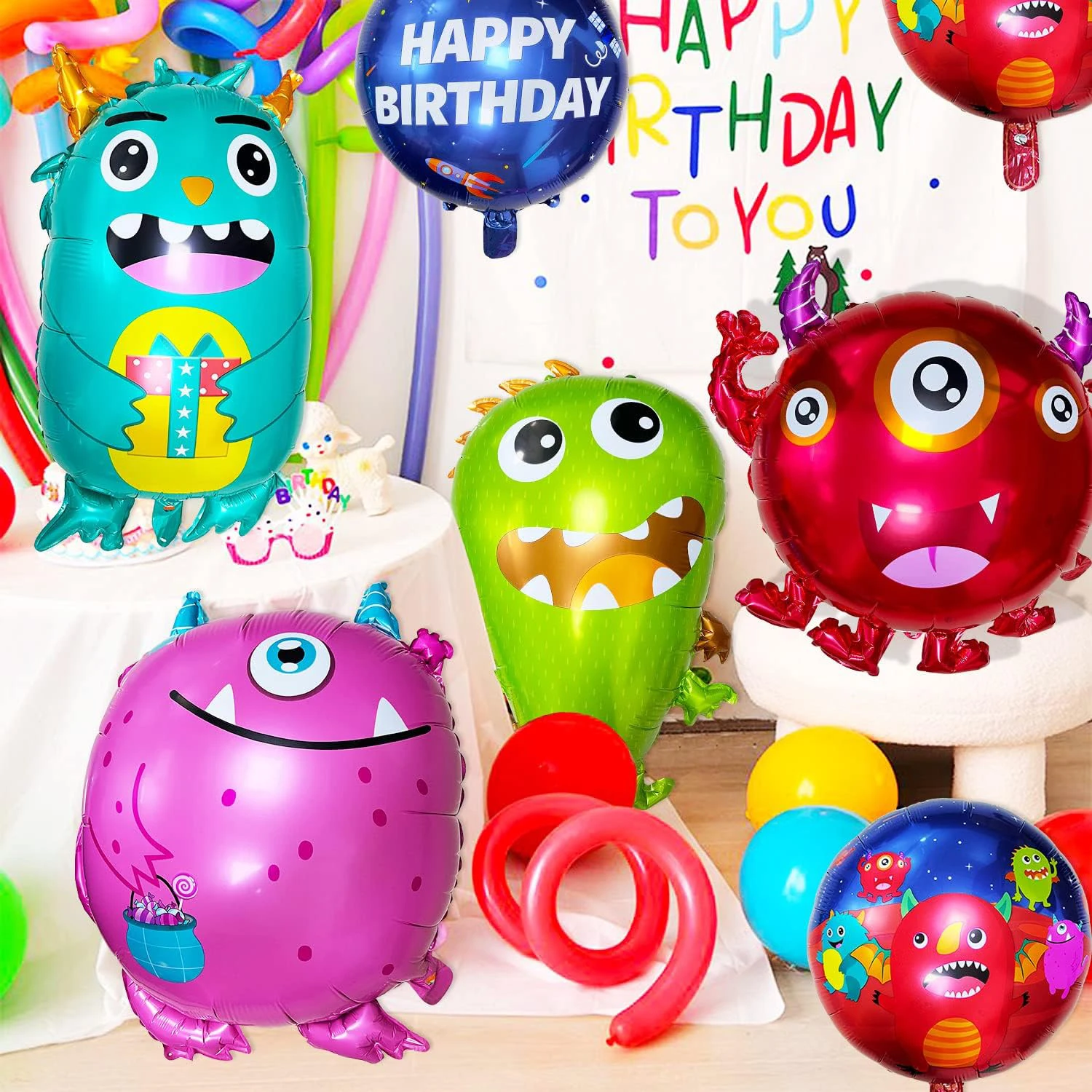 5 pieces, monster themed party aluminum foil balloons, cute monster aluminum balloons suitable for birthday parties