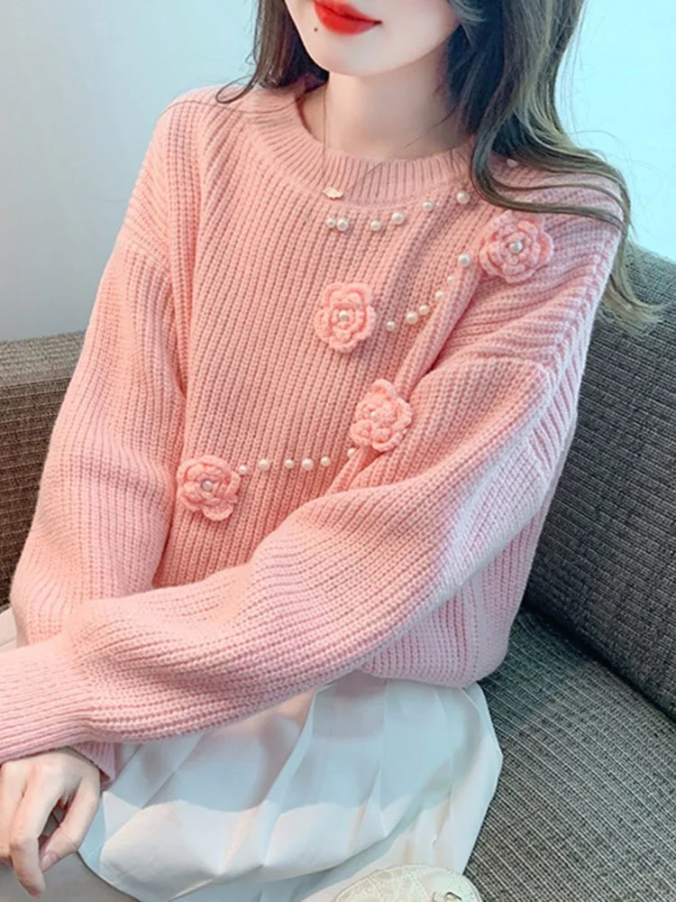 Casual 3D Flower Heavy Diamonds Rose Pull Femme Sweet Minority Korea Chic V Neck Jumper Simple Pullover Commuter Knitted