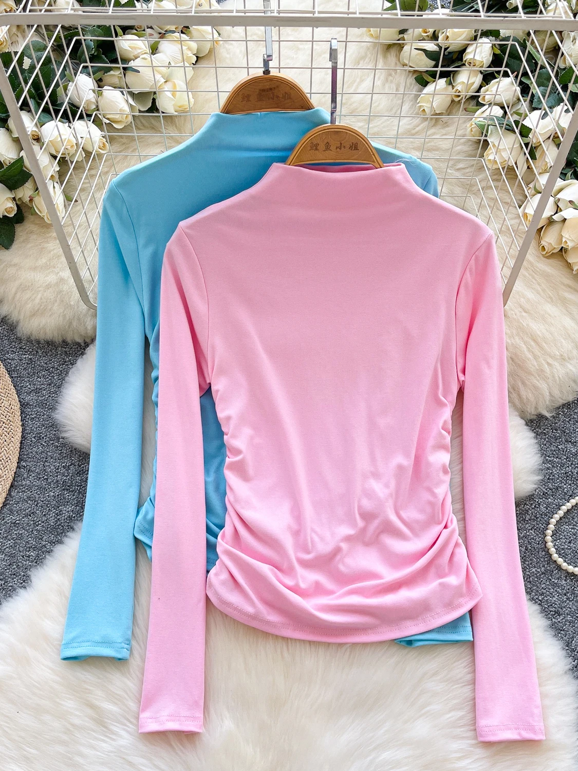 

2026 New Autumn Simple Stand Collar Long Sleeve T-Shirt Two Sides Folds Design Waist Slim Solid Color Bottom T-shirt Tops