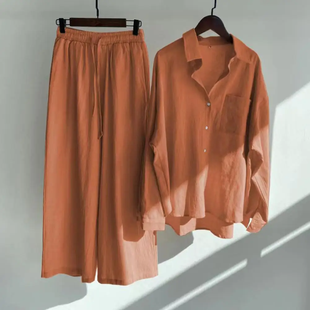 Conjunto de calças compridas femininas de linho de algodão conjunto de calças de perna larga conjunto de duas peças vintage manga longa botão blusa calças retas ternos casuais