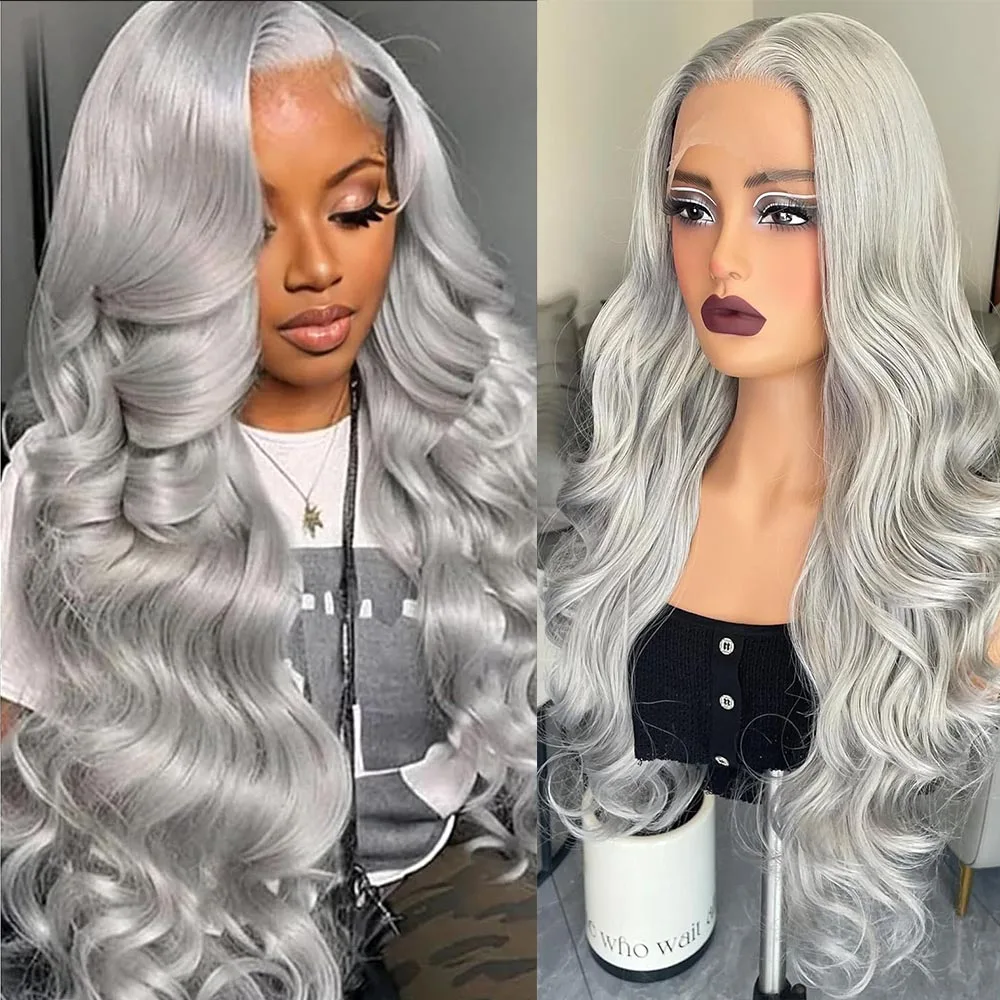 

Silver Grey Body Wave Human Hair Wigs 13x6 HD Lace Frontal Wig Blonde 613 Colored Human Hair PrePlucked Cosplay Water Wave 250%