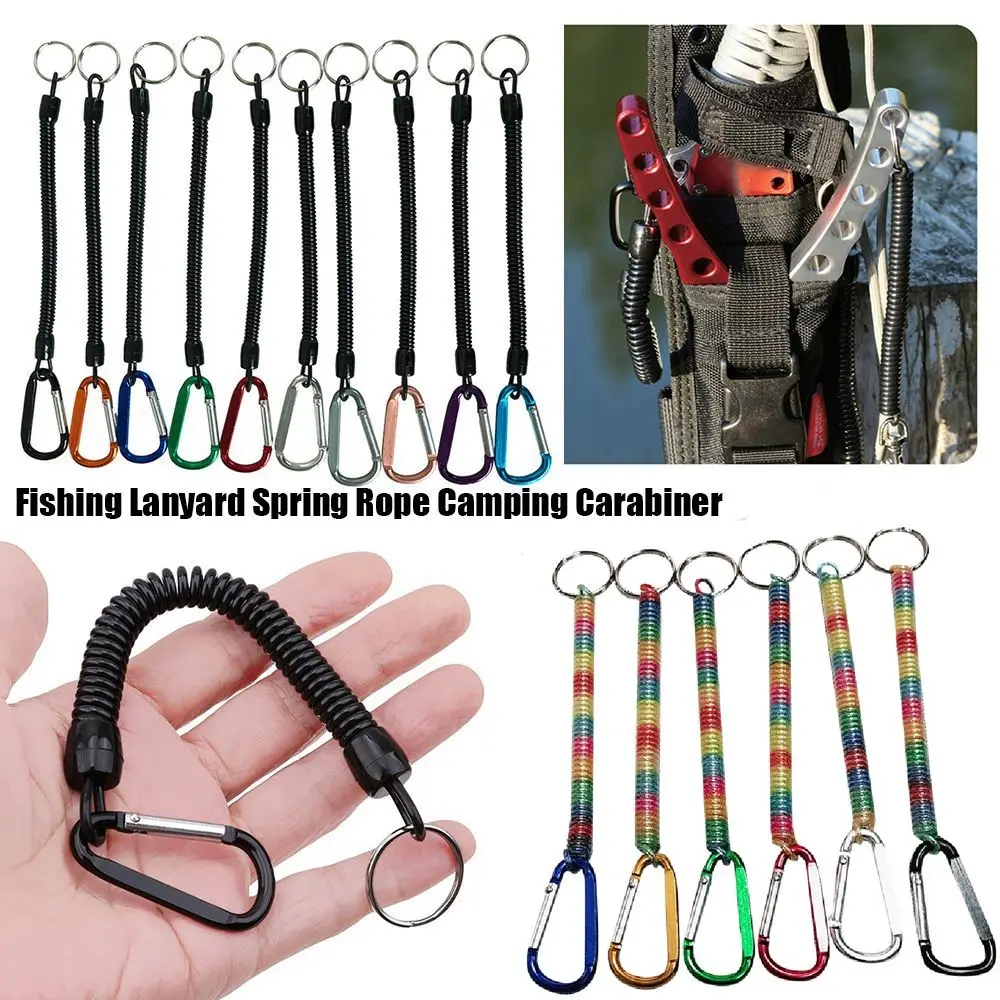 Camping Plastic Retractable Tether Anti-lost Phone Keychain Spring Elastic Rope Camping Carabiner Portable Fishing Lanyards