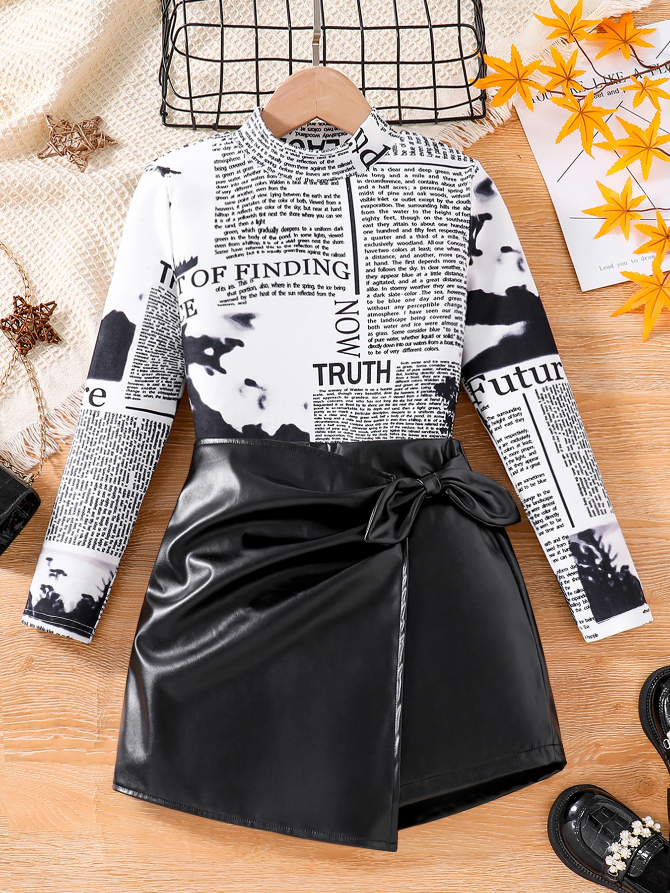 Mädchen Retro Britischer Stil Rundhals Langarmshirt Und PU Kurzer Diagonalrock 2-teiliges Set Frühling Herbst Lässige Mode