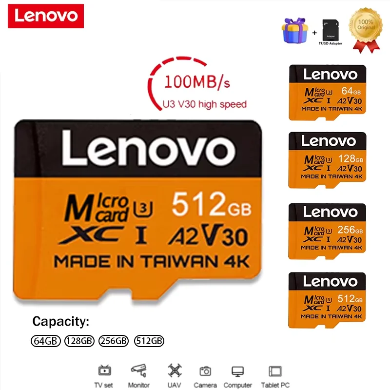 Lenovo Secure 512GB SD Cards Micro TF SD Memory Card TF Cards 128GB 64GB 32GB Error Correction for Camera/Gaming/GoPro