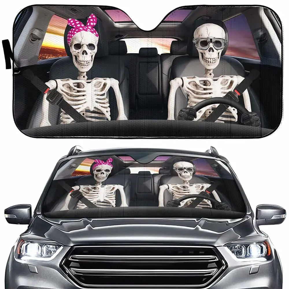 

Skull Couple Driver Auto Windshield Sun Shade,Funny Skull Family Sun Visor Protector Sunshade for Car Truck SUV